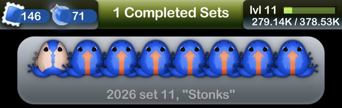 A screenshot showing '1 Completed Sets' with a row of blue lizard characters labeled '2026 set 11, "Stonks"', along with UI elements showing '146', '71', 'lvl 11', and '279.14K / 378.53K'.