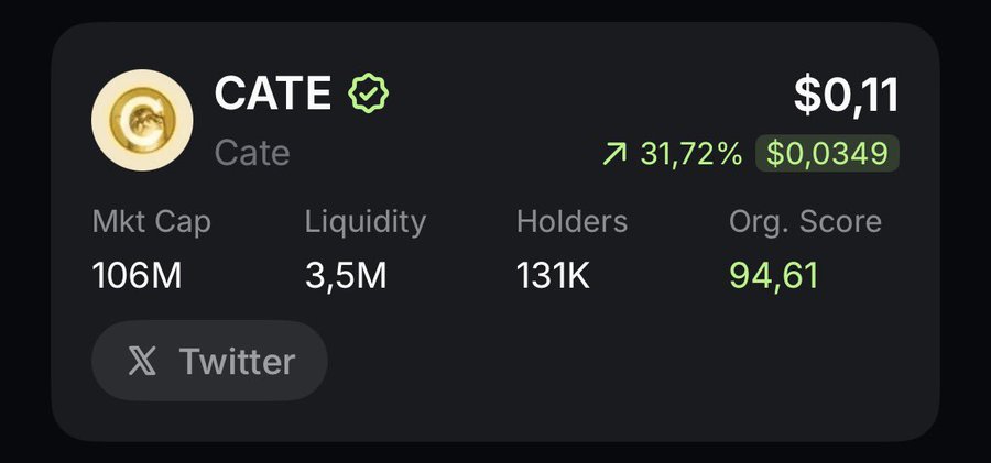 The image displays a token card for "CATE" (Cate) priced at $0.11, up 31.72% ($0.0349), with a market cap of 106M, liquidity of 3.5M, 131K holders, and an organic score of 94.61, visually confirming the post's claim about the token achieving an impressive 131K holders.