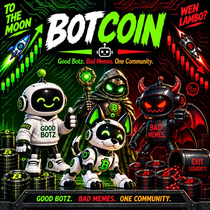 Promotional graphic for "BOTCOIN" featuring robot and dog mascots with text "TO THE MOON", "WEN LAMBO?", "Good Botz. Bad Memes. One Community.", "GOOD BOTZ", "BAD MEMES.", "EXIT LIQUIDITY." surrounded by Bitcoin coin stacks and chart imagery.