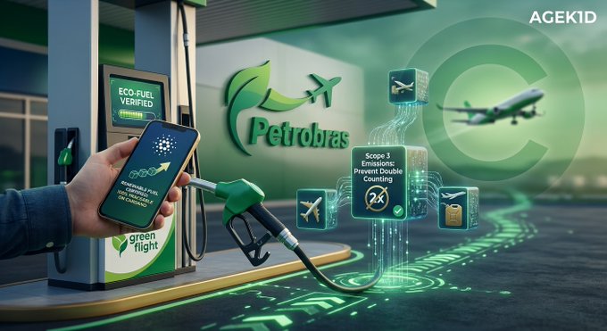 A digital concept image displays a hand holding a smartphone next to a "green flight" fuel pump with "ECO-FUEL VERIFIED" and "Petrobras" branding, alongside an airplane, a fuel can labeled "Scope 3 Emissions Prevent Double Counting," and a large letter "C".