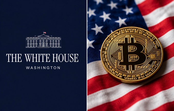 A split image showing 'THE WHITE HOUSE WASHINGTON' logo on a dark blue background on the left, and a physical Bitcoin coin resting on an American flag on the right.