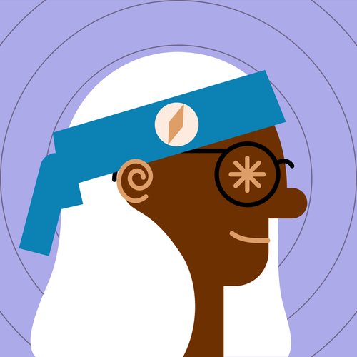 A stylized digital illustration of a person in profile with dark brown skin, white hair, glasses with a snowflake symbol, and a blue blindfold/headband, set against a purple background with concentric circles.