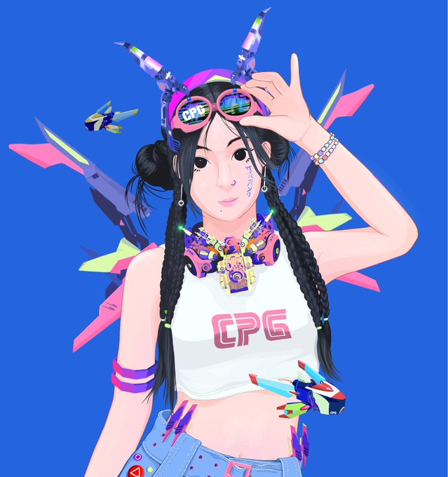 A vibrant digital illustration depicts a young woman wearing a 'CPG' cropped tank top, futuristic pink sunglasses, and colorful cyberpunk-style accessories on a bright blue background.