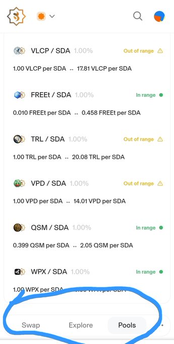 A screenshot of SidraChain's "Pools" tab displays various liquidity pool exchange rates for pairs like VLCP/SDA, FREET/SDA, TRL/SDA, VPD/SDA, QSM/SDA, and WPX/SDA, showing tokens that are "In range" or "Out of range." This illustrates the newly upgraded swap and liquidity features highlighted in the post, demonstrating how users can now swap Sidra tokens or add liquidity positions on the platform.