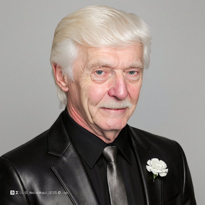 An elderly man with white hair and a mustache wearing a black leather jacket with a white carnation boutonniere, with watermark text indicating 'Lv.99 Media + Mogul_C2125' at the bottom.