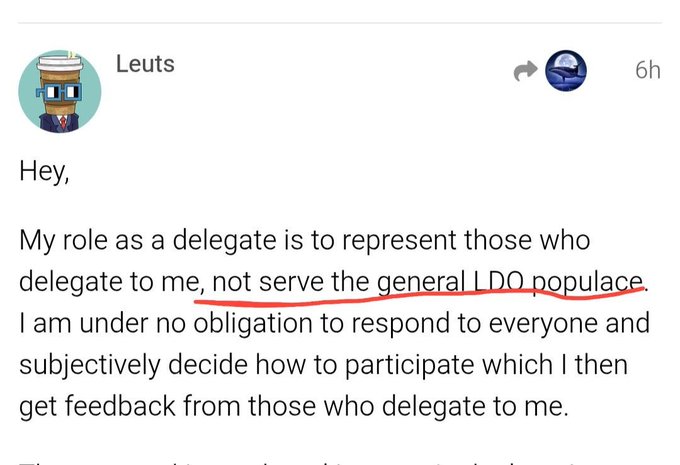 A forum post screenshot from user 'Leuts' stating their role as a delegate is to represent those who delegate to them, not the 'general LDO populace', which is underlined in red.