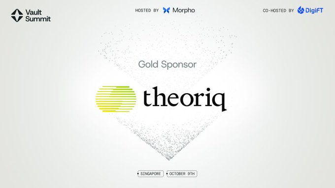 The image is a promotional graphic for the Vault Summit, hosted by Morpho and co-hosted by DigiFT, featuring Theoriq as the Gold Sponsor. The event is set for October 9th in Singapore, with a diamond-shaped geometric design framing the sponsor's logo.