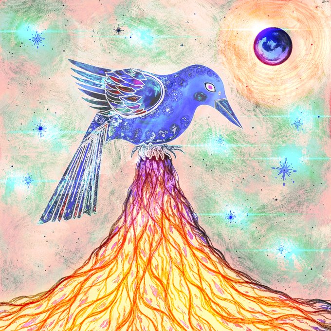 A colorful, mixed-media style illustration of a blue bird perched on a mountain that resembles a volcano with red and orange veins, set against a starry sky with a purple planet.