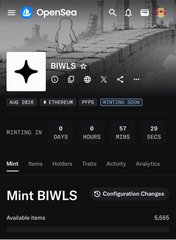 This image shows an OpenSea NFT collection page for "BIWLS" (by Mint), highlighting a minting window of 67 minutes and 29 seconds remaining, with "Over Allocated" status displayed—suggesting the project allocated more mint spots than necessary, likely to ensure all items (5,555 available) could be claimed.