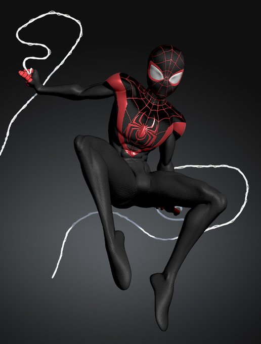 A figure in a black and red Miles Morales-style Spider-Man suit is shown in a dynamic crouching pose against a dark background, with white webbing extending from their hands.