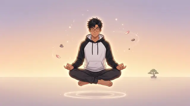 An animated illustration shows a young man with glasses meditating in a lotus position, surrounded by floating cherry blossoms and a small bonsai tree against a warm sunset background.