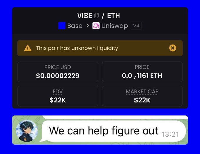 The image shows a Dexscreener listing for the VIBE/ETH pair on Uniswap V4, displaying an "unknown liquidity" warning, a price of $0.00002229, and a market cap of $22K. The screenshot is referenced to highlight the liquidity sync issue between Dexcreener and Uniswap that the team is working to resolve, as the platform is incorrectly showing "unknown liquidity" despite active trading functioning smoothly on other exchanges.