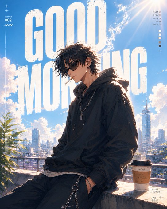 An anime-style magazine cover featuring a black-haired young man in sunglasses and a hoodie smoking a cigarette against a city skyline, with large text reading 'GOOD MORNING' and issue number '002'.