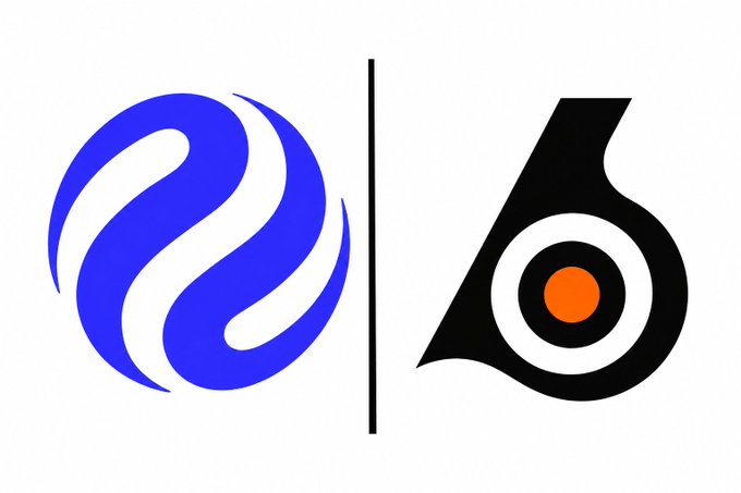 Two logos separated by a vertical line: a blue swirling emblem on the left and a black stylized '6' with an orange center on the right.