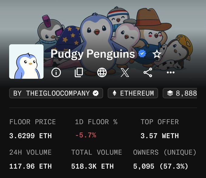An NFT collection page for 'Pudgy Penguins' by TheIglooCompany on Ethereum, showing floor price 3.6299 ETH, 1D floor change -5.7%, top offer 3.57 WETH, 24H volume 117.96 ETH, total volume 518.3K ETH, and 5,095 unique owners.
