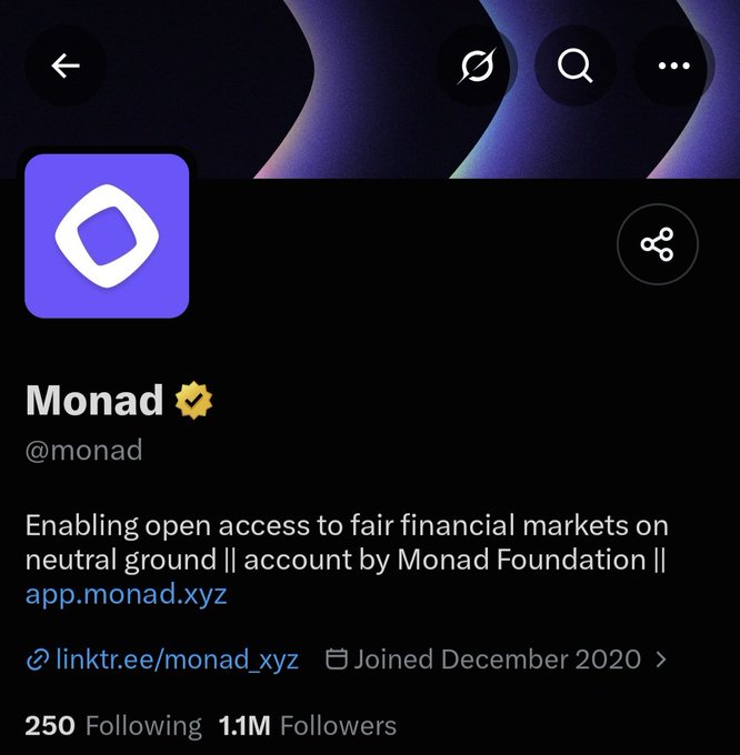 A Twitter profile page for 'Monad @monad' displays the text 'Enabling open access to fair financial markets on neutral ground || account by Monad Foundation || app.monad.xyz' and shows '1.1M Followers'.