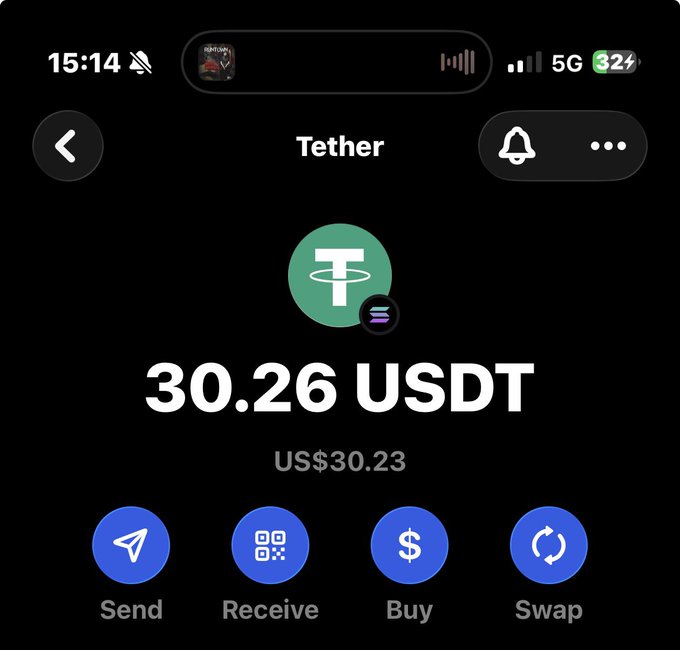 A mobile screenshot of a Tether (USDT) wallet showing a balance of 30.26 USDT (US$30.23), likely posted to demonstrate the prize pool for a giveaway.