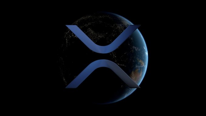 The image features the blue XRP logo prominently displayed over a view of Earth from space at night, symbolizing the cryptocurrency's global reach. This visual ties directly to the post's announcement of incoming XRP coverage with an uplifting morning greeting to followers.