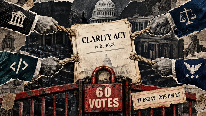 Political graphic about the Clarity Act (H.R. 3633) with imagery of the US Capitol, hands pulling ropes in conflict, and text indicating '60 VOTES' needed on Tuesday at 2:15 PM ET.