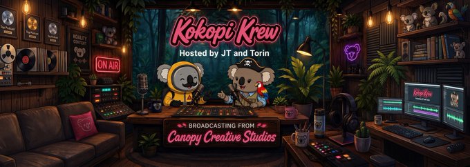 A colorful illustrated podcast studio banner reads 'Kokopi Krew - Hosted by JT and Torin - Broadcasting from Canopy Creative Studios', featuring cartoon koalas and audio equipment.