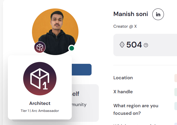 The image shows a screenshot of a social media platform, where an architect has posted a badge for their profession. The architect's name is displayed at the top left corner of the screen, while the badge is located towards the bottom right corner. The post also includes a question about what region are you interested in focusing on.