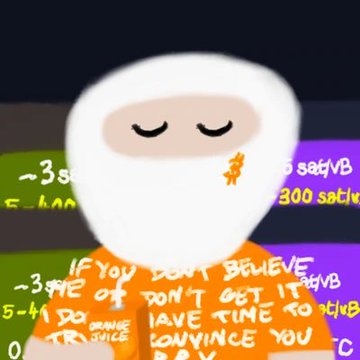 An animated white character wearing a hijab and an orange shirt with text including 'ORANGE JUICE', 'DON'T BELIEVE', 'DON'T GET', 'HAVE TIME', and 'CONVINCE YOU', with coded text in the background.