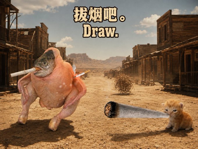A surreal Western showdown scene features a headless raw chicken smoking a cigarette on the left, facing off against a small orange kitten that appears to be blowing out a massive cigar smoke trail, set against a dusty Old West ghost town backdrop with the Chinese text "拔烟吧" and English "Draw." displayed above as a duel signal.
