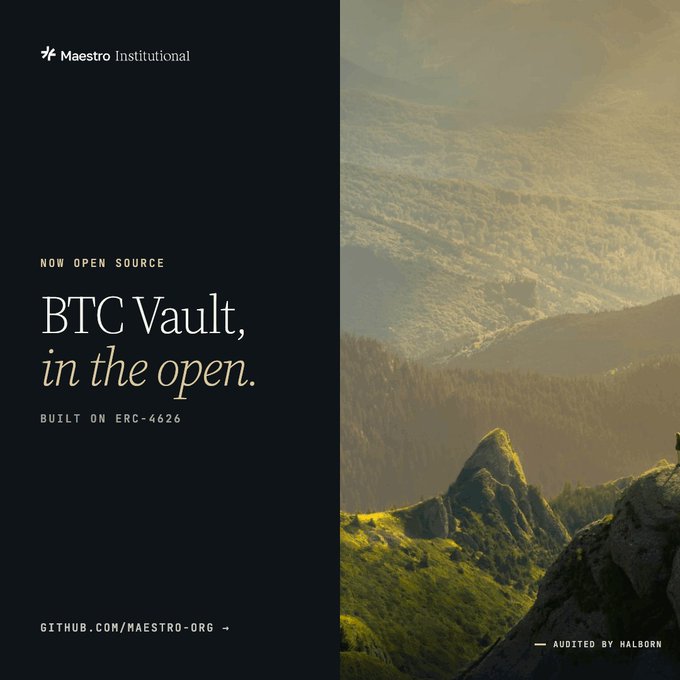 An advertisement from Maestro Institutional for their 'BTC Vault' which is now open source, built on ERC-4626, audited by Halborn, with a link to github.com/maestro-org.