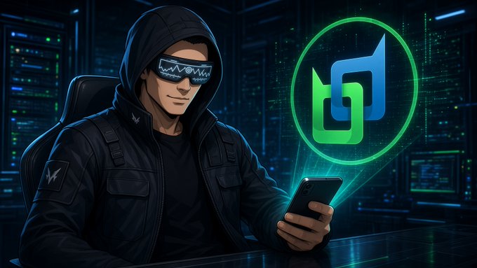 An illustration of a hooded figure wearing digital glowing glasses and tactical gear, holding a smartphone that projects a green and blue logo against a dark server room background.