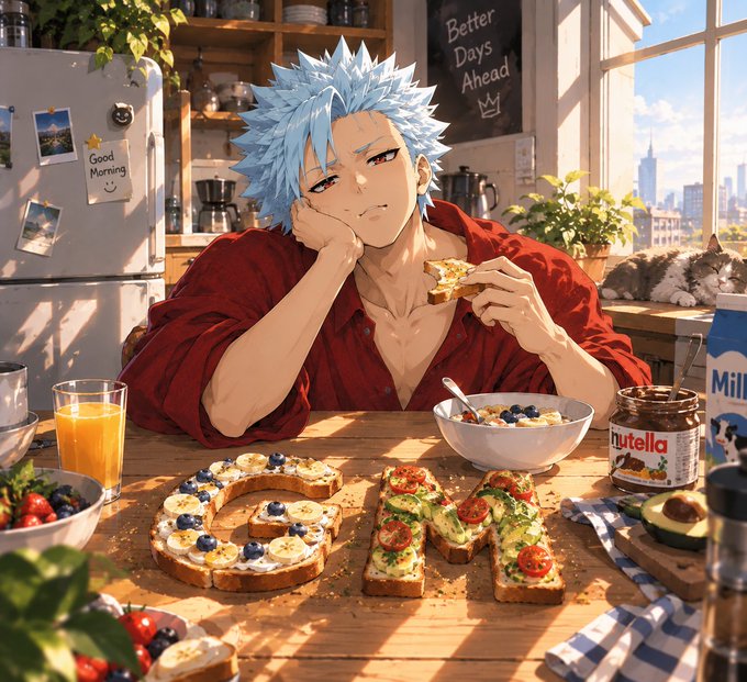 An anime-style illustration of a spiky light-blue-haired character in a red shirt eating breakfast at a kitchen table, with toast arranged to spell 'GM', alongside Nutella, cereal, orange juice, and avocado, with a 'Better Days Ahead' chalkboard in the background.