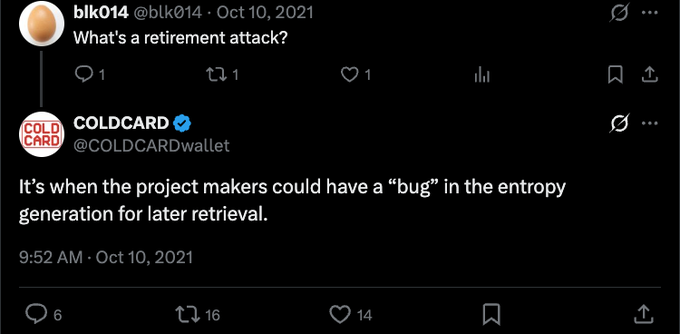 A Twitter/X exchange shows user 'blk014' asking 'What's a retirement attack?' with COLDCARD wallet (@COLDCARDwallet) replying: 'It's when the project makers could have a "bug" in the entropy generation for later retrieval.'