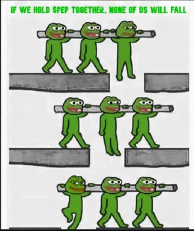 The image is a Pepe the Frog meme showing three frogs carrying each other on a plank across a series of gaps, with the text "IF WE HOLD $PEP TOGETHER, NONE OF US WILL FALL." 

It relates to the post by visually reinforcing the message of community solidarity in holding $PEP, with the frogs working together to cross each gap—symbolizing that as long as investors support the token collectively, it will reach its $1 goal (Week 86 of reposting).