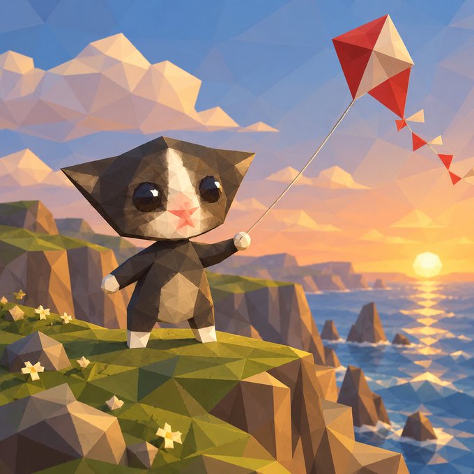 A low-poly 3D rendered illustration of a cute cat character flying a red and white kite on a grassy cliff at sunset.