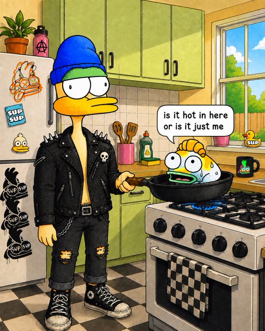 A Simpsons/Homer-style cartoon illustration of a punk-clad duck cooking a sweating fish in a pan, with the fish saying 'is it hot in here or is it just me', surrounded by 'SUP SUP' anarchist duck fridge magnets.