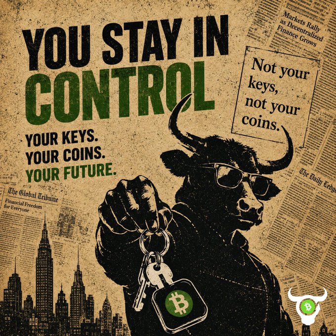 A Bitcoin-themed propaganda poster reading 'YOU STAY IN CONTROL' with the tagline 'YOUR KEYS. YOUR COINS. YOUR FUTURE.' featuring a bull wearing sunglasses holding keys with a Bitcoin fob.
