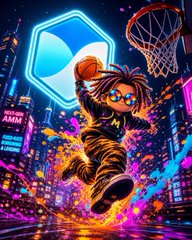The image features a cartoon boy dressed in orange, jumping into the air with a basketball above his head while wearing glasses. The background of the image shows neon lights from buildings, creating an urban atmosphere. The caption below the image reads "以前炒股期权最怕的。".