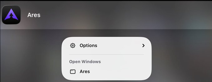 A macOS window switcher overlay showing the 'Ares' application icon and an 'Options' menu with 'Open Windows: Ares' displayed.