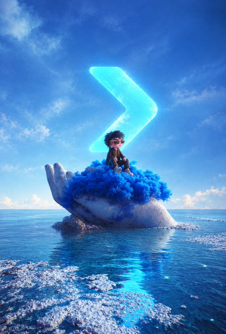 A digital artwork featuring a stylized animated character sitting on a hand emerging from the ocean, with a glowing blue arrow shape in the sky above.