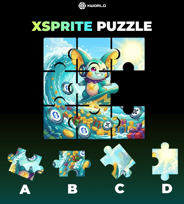 The image promotes the "XSPRITE PUZZLE" challenge from XWORLD, featuring a 3x3 grid of a cartoon mouse surfing on a wave with coins, gifts, and X-badges, with one missing top-right piece and four options (A, B, C, D) below offering the player a chance to win a 20 $WORLD prize pool.