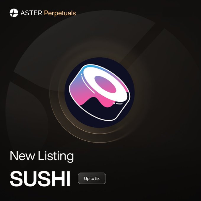 The image features a sushi roll placed against a black background with white text that reads "New listing SUSHI with up to 5x leverage. @SushiSwap Earn 1.2x trading points until June 10, 23:59 UTC." The sushi roll is positioned in the center of the image and surrounded by a circular pattern.