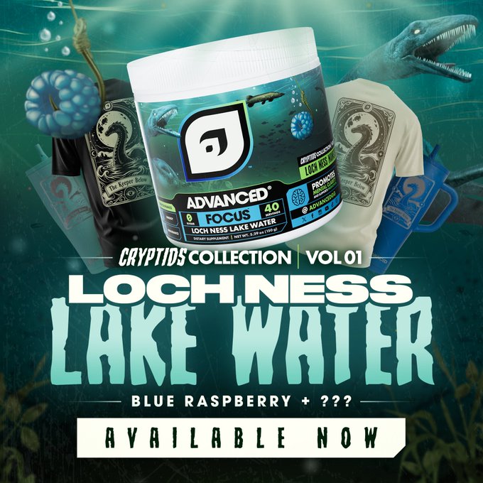 An advertisement for "ADVANCED" branded "LOCH NESS LAKE WATER" supplement (Blue Raspberry flavor, Focus, 40 servings), part of "CRYPTIDS COLLECTION | VOL 01", showing merchandise and a sea monster in the background, marked "AVAILABLE NOW".