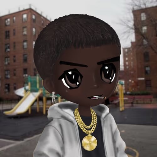 A 3D cartoon-style avatar of a young boy wearing a gray hoodie and two gold chains with a medallion, standing in an urban playground setting.