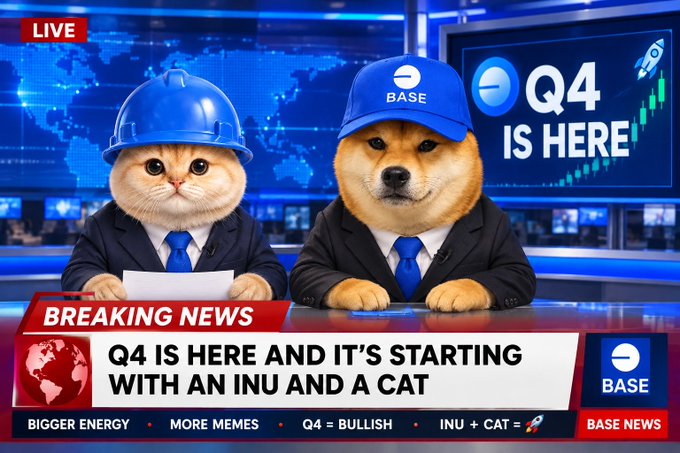 A meme-style breaking news broadcast featuring a cat in a hard hat and a Shiba Inu dog wearing a 'BASE' cap as news anchors, with the headline 'Q4 IS HERE AND IT'S STARTING WITH AN INU AND A CAT' and tags including 'BIGGER ENERGY', 'MORE MEMES', 'Q4 = BULLISH', and 'INU + CAT = 🚀'.