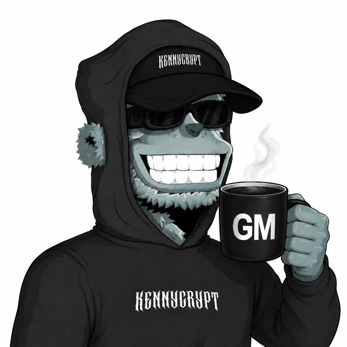 An illustrated gray gorilla character wearing sunglasses, a black cap, and a black hoodie branded 'KENNYCRYPT' holds a steaming black mug with 'GM' written on it.
