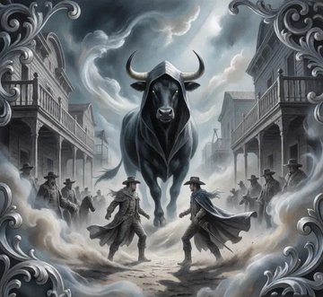 A dramatic, dark illustration depicts a giant black bull charging down a dusty street lined with Western-style buildings and ghostly figures of cowboys and gunslingers.