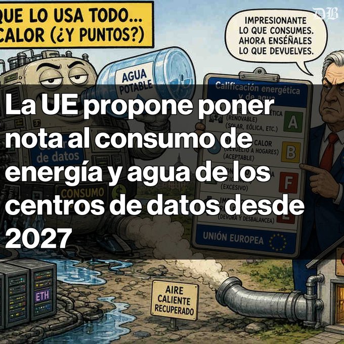 A Spanish-language political cartoon showing the EU proposing to grade energy and water consumption of data centers from 2027, with characters discussing heat output and energy ratings.