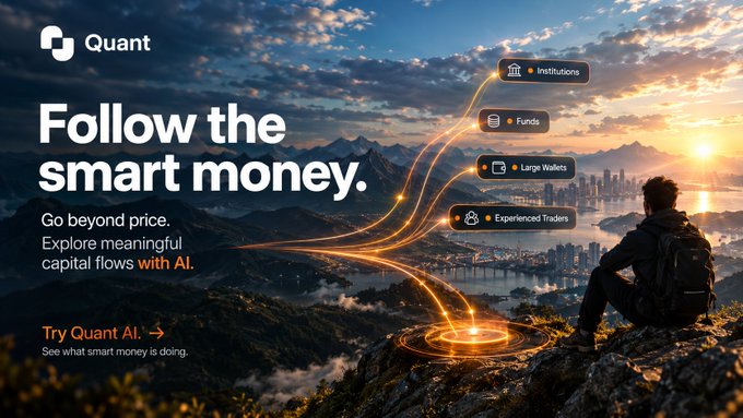 An advertisement banner for Quant featuring a man overlooking a city at sunset, with the tagline 'Follow the smart money. Go beyond price. Explore meaningful capital flows with AI. Try Quant AI. See what smart money is doing.' and labels for Institutions, Funds, Large Wallets, and Experienced Traders.