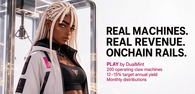 A futuristic woman with white braided hair stands beside a claw machine, accompanying an advertisement for **PLAY by DualMint** that highlights "REAL MACHINES. REAL REVENUE. ONCHAIN RAILS." The promotion details 200 operating claw machines with a 12–15% target annual yield and monthly distributions, visually reinforcing the post's message of transforming physical claw machine activity into an onchain revenue source.