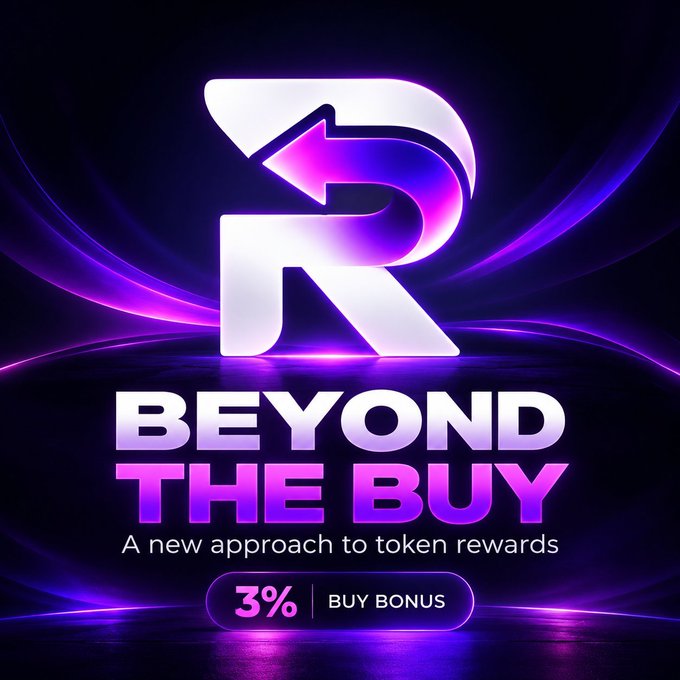 Promotional graphic featuring a stylized 'R' logo with text 'BEYOND THE BUY - A new approach to token rewards' and a '3% BUY BONUS' badge on a purple neon background.