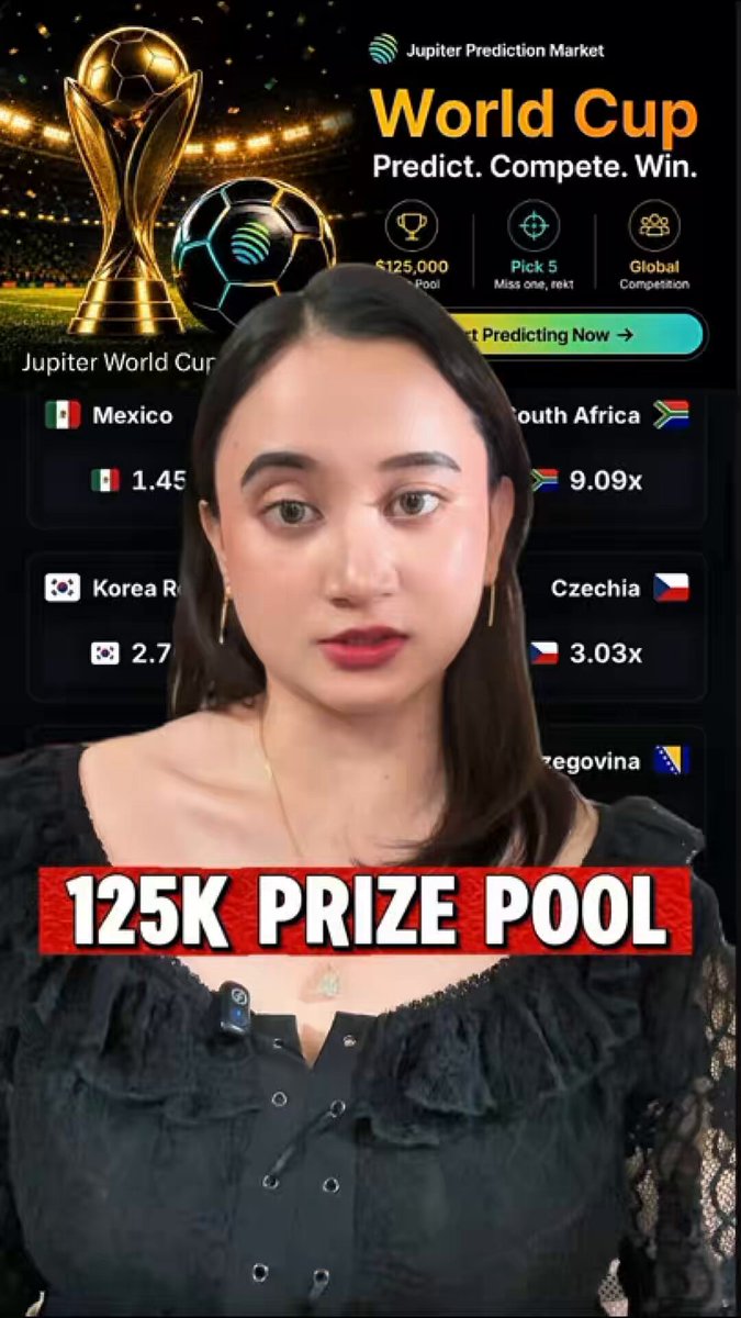 In the image, there is a woman wearing black clothing who has made a prediction about the World Cup. Her correct prediction was featured in a YouTube video that took place around June 12th, with a prize pool of $125K. The video highlights her accuracy and the significance of predicting global events like the FIFA soccer competition.
